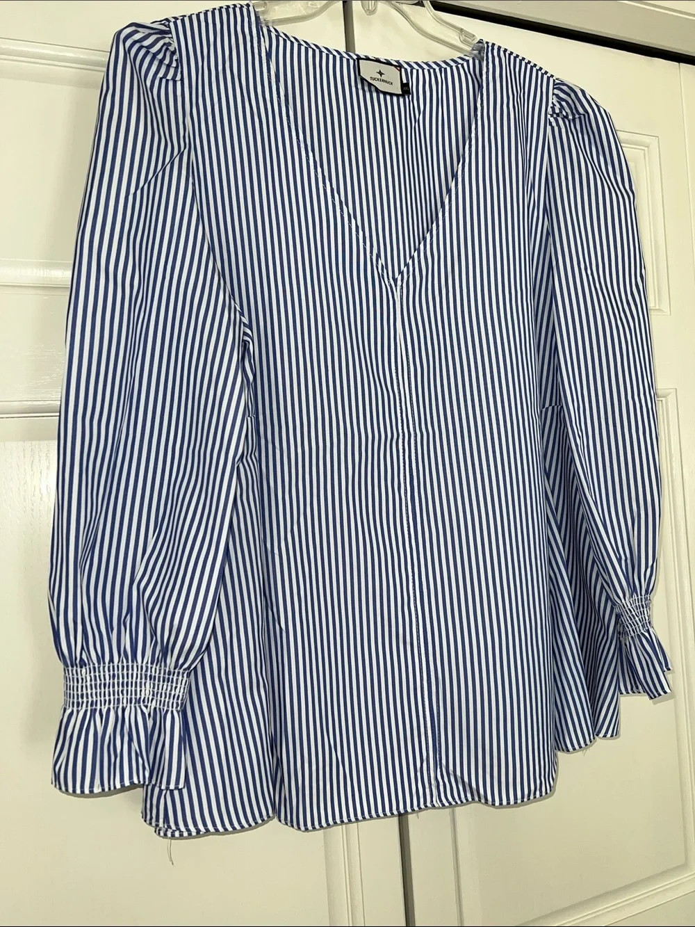 Tuckernuck Blue & White Striped V-Neck Puff Sleeve Blouse